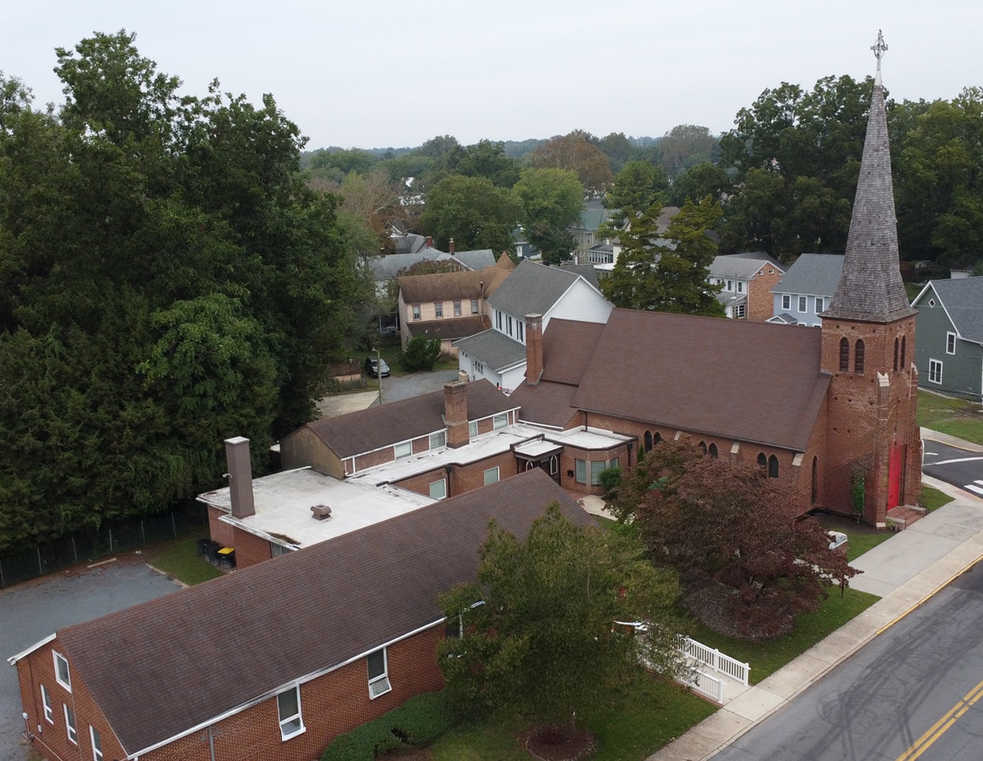 Aerial view of the St. Philip's Episcopal Church steeple